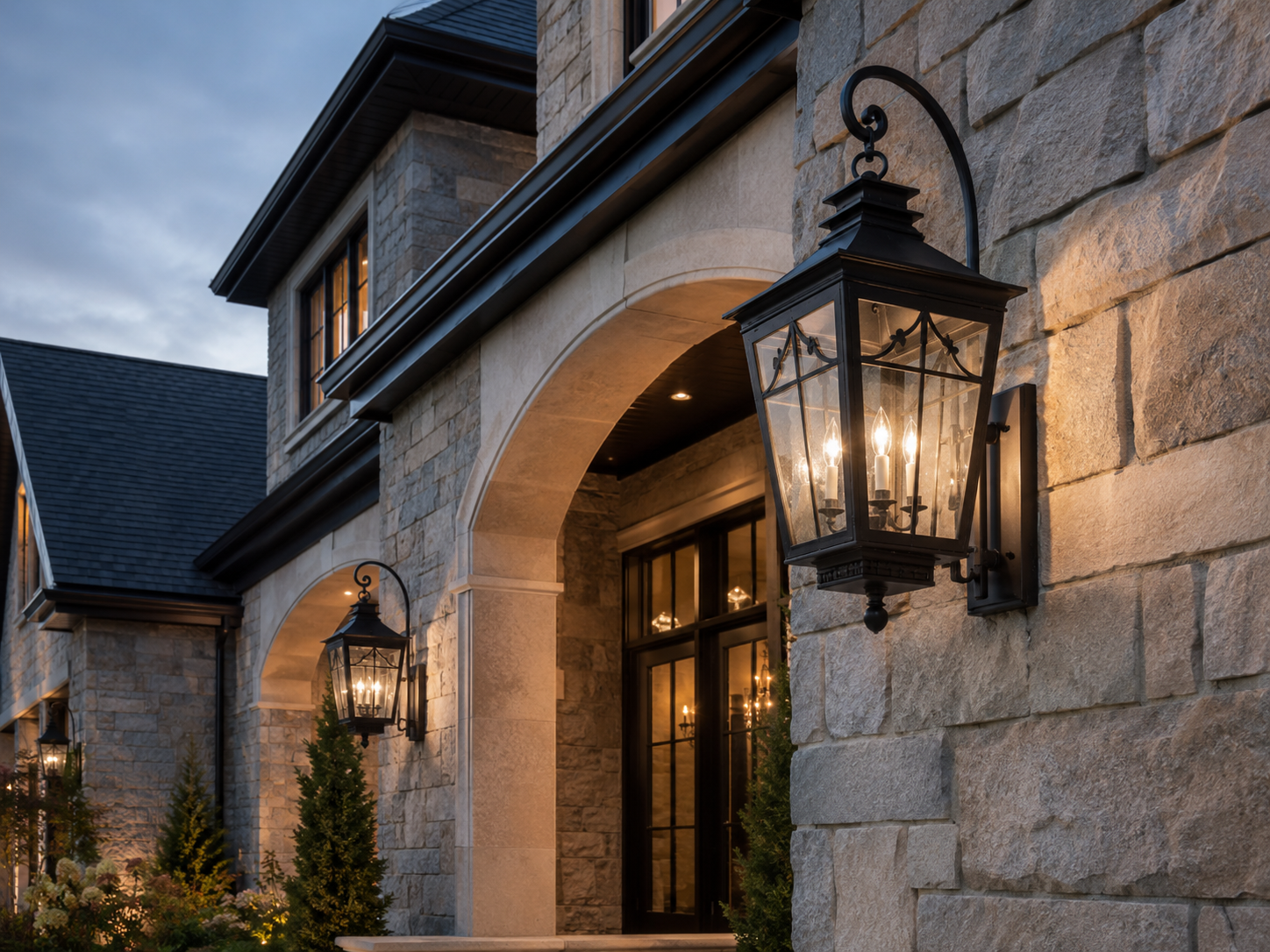 Natural stone residence facade with architectural metalwork